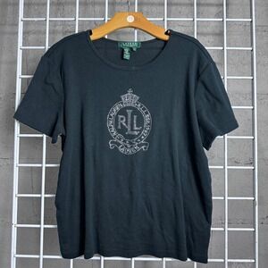 Ralph Lauren polo Petite Black Rhinestone Logo Tee T Shirt Top y2k girlie bling